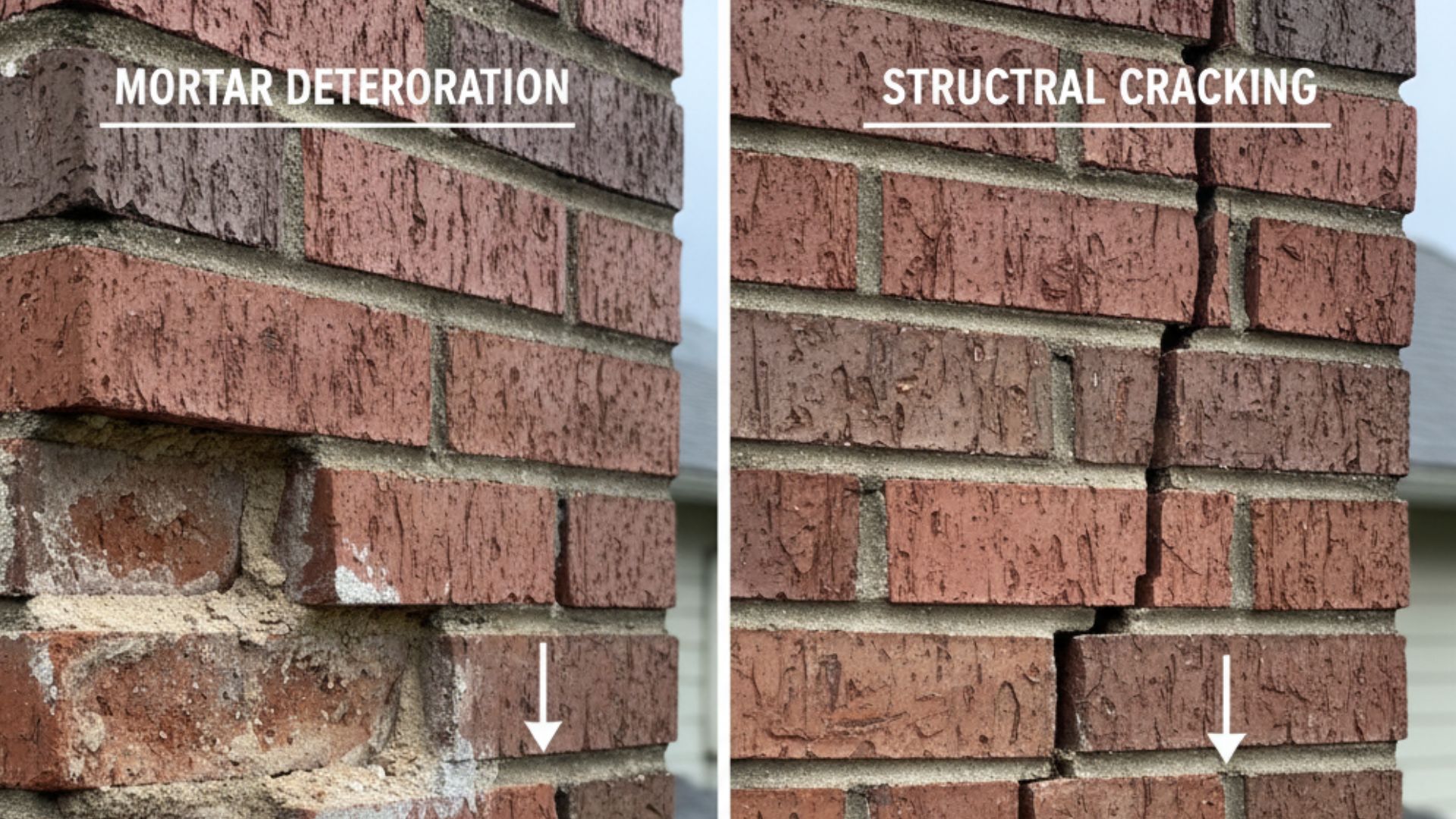 Mortar deterioration on the left and structural cracking on the right of a brick chimney, highlighting common issues requiring tuckpointing or structural repair.